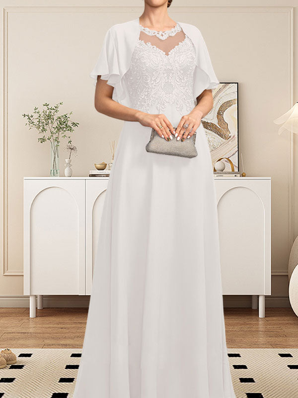 Vestido de gasa con encaje y lentejuelas para madre de la novia, corte A, escote ilusión, largo hasta el suelo