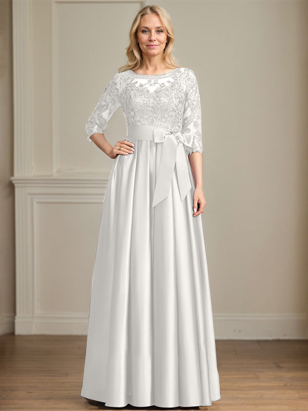 Vestido de madre de la novia de satén con encaje, corte A, escote ilusión, largo hasta el suelo, con lazo de lentejuelas