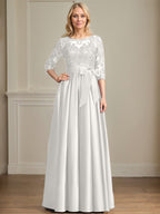 Vestido de madre de la novia de satén con encaje, corte A, escote ilusión, largo hasta el suelo, con lazo de lentejuelas