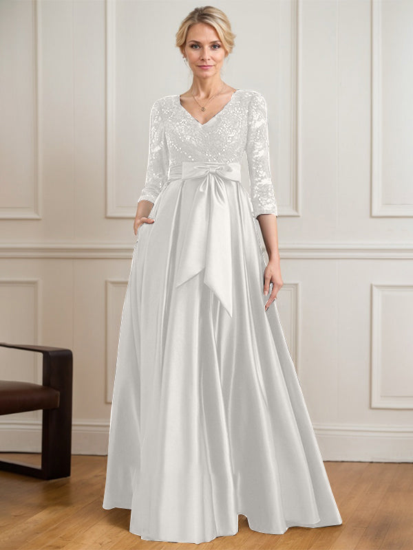 A-Linie V-Ausschnitt Bodenlanges Satin-Spitzenkleid für die Brautmutter mit Paillettenschleife 