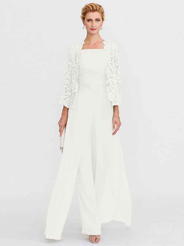 3-teiliger Chiffon-Hosenanzug mit quadratischem Ausschnitt und Jacke für die Mutter der Braut 