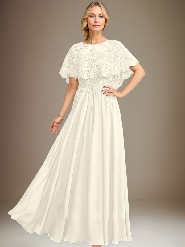 A-line Boat Neck Floor-Length Lace Chiffon Mother of the Bride Dress With Applique Sequins