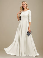 Vestido de madre de la novia de gasa con encaje, corte A, largo hasta el suelo y apliques de lentejuelas