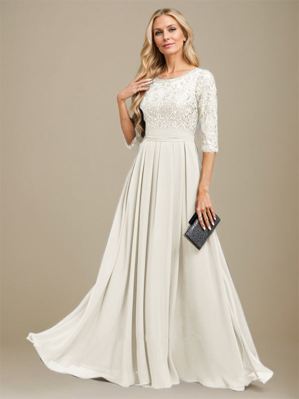 Vestido de madre de la novia de gasa con encaje, corte A, largo hasta el suelo y apliques de lentejuelas