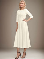 Vestido de gasa con encaje y lentejuelas para madre de la novia, corte A, escote redondo y largo hasta la rodilla