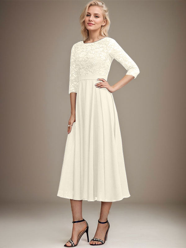 Vestido de gasa con encaje y lentejuelas para madre de la novia, corte A, escote redondo y largo hasta la rodilla