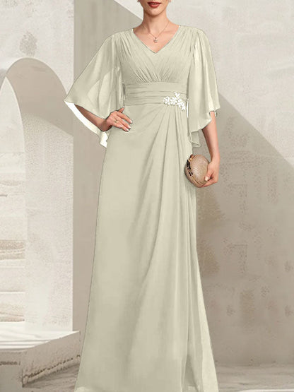Etui-Linie/Säule V-Ausschnitt Bodenlang Chiffon Kleid für die Brautmutter mit Plissee Pailletten Perlenbesatz