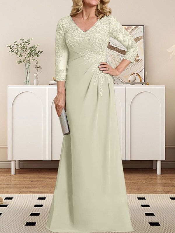 Vestido de madre de la novia de gasa con encaje, escote en V, ilusión, largo hasta el suelo, con lentejuelas plisadas