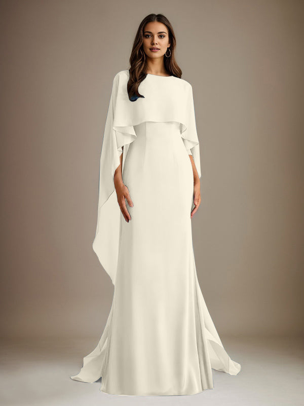 Vestido de gasa para madre de la novia, largo hasta el suelo, con escote barco y corte tubo/columna y volantes en cascada