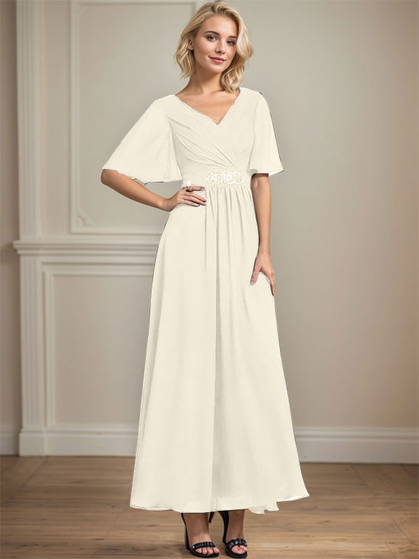 Vestido de gasa para madre de la novia con escote en V, largo hasta los tobillos, corte A y lentejuelas plisadas con cuentas