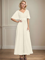Vestido de gasa para madre de la novia con escote en V, largo hasta los tobillos, corte A y lentejuelas plisadas con cuentas