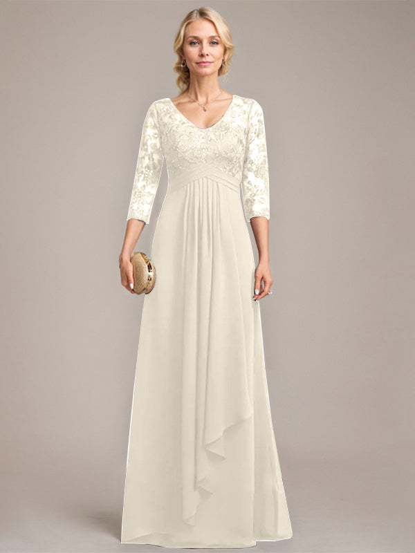 A-Linie V-Ausschnitt Bodenlanges Spitzen-Chiffon-Kleid für die Brautmutter mit kaskadierenden Rüschen und Pailletten 
