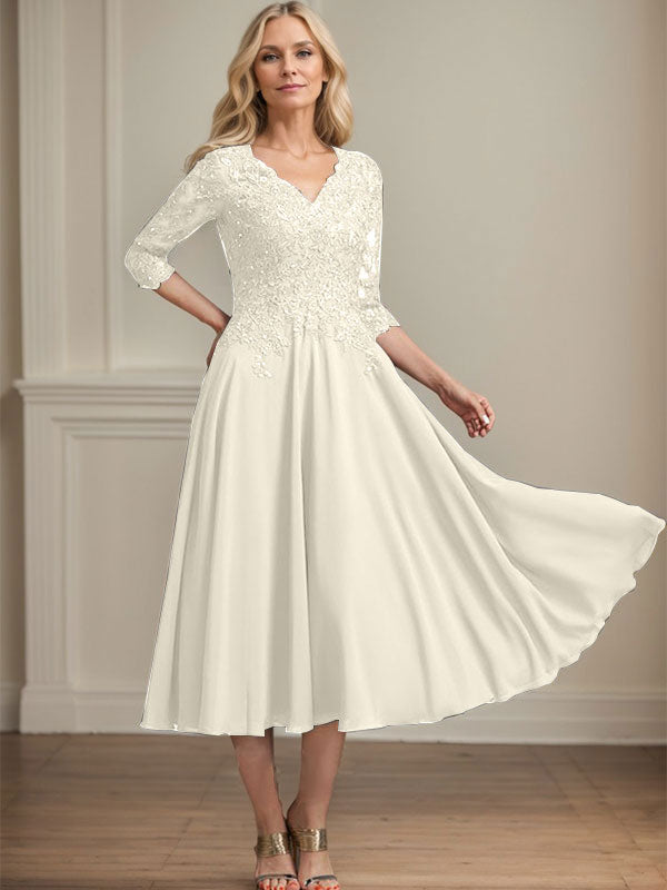 Vestido de gasa con encaje y escote en V para madre de la novia, largo hasta la rodilla, con lentejuelas y abalorios
