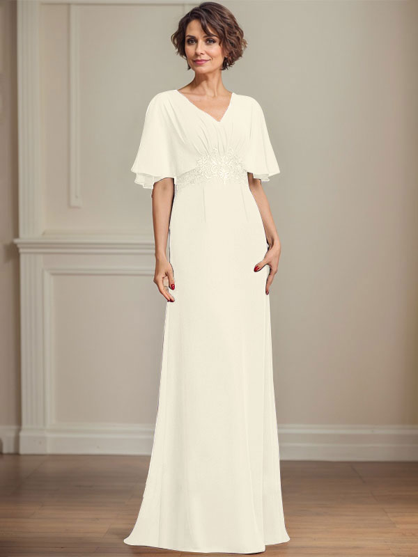A-Linie V-Ausschnitt Bodenlanges Chiffonkleid für die Brautmutter mit plissierten Paillettenapplikationen Spitze