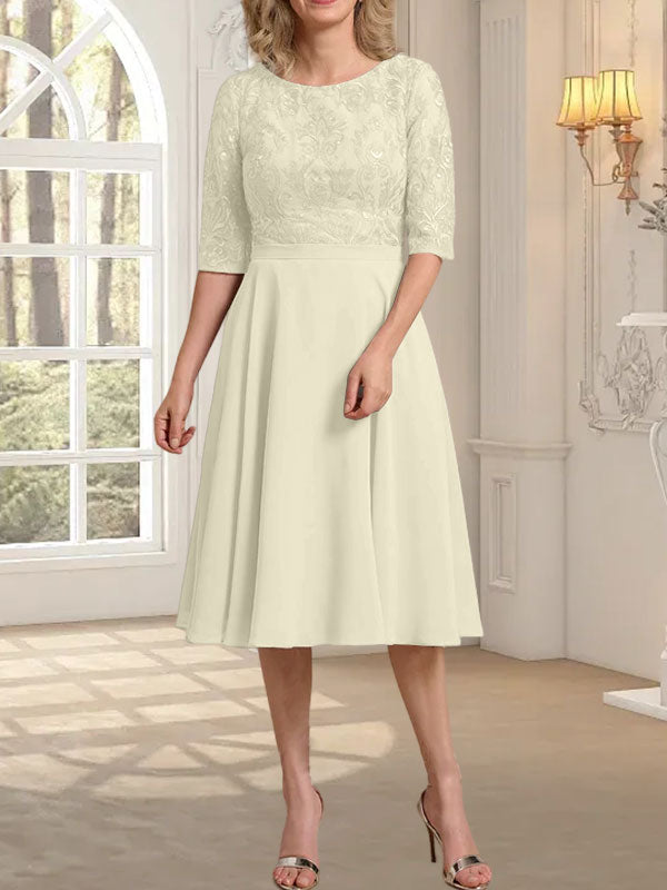Vestido de gasa con encaje y escote redondo hasta la rodilla para madre de la novia