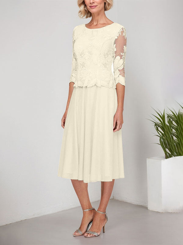 Vestido de gasa con encaje y bordado para madre de la novia, corte A, escote redondo y largo hasta la rodilla