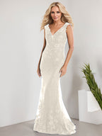 Vestido de novia de gasa con encaje, escote en V y largo hasta el suelo, con apliques de lentejuelas, estilo sirena