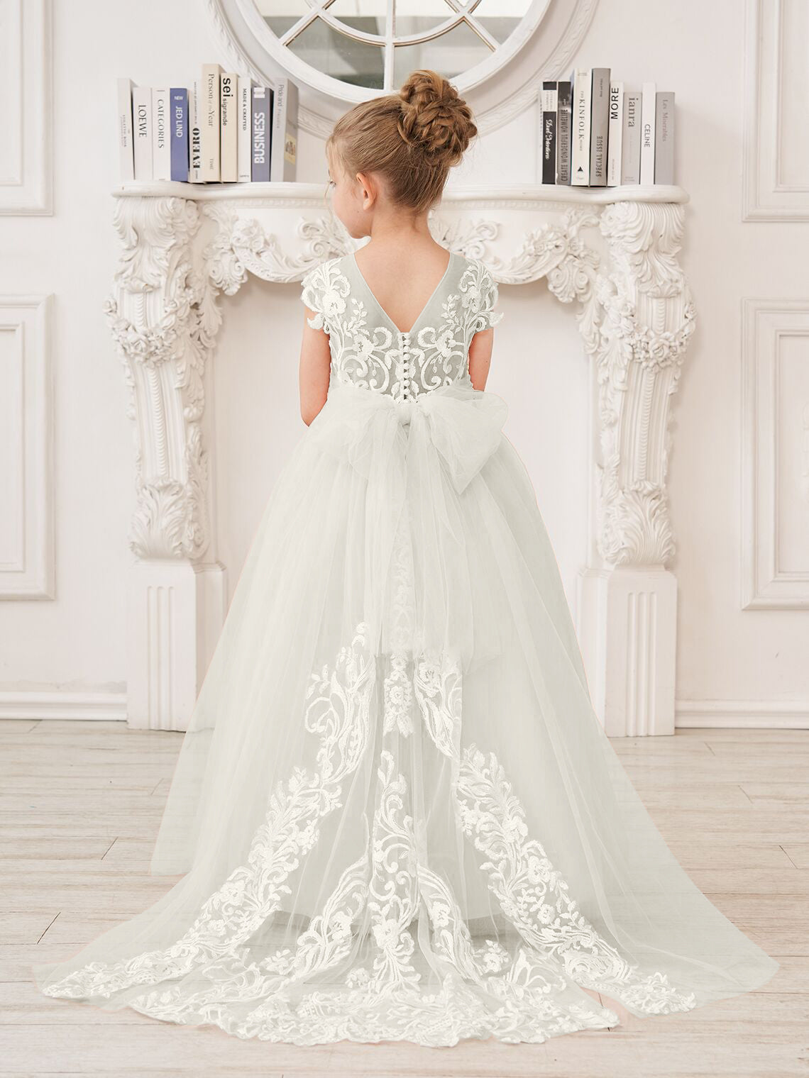 A-Linie Spitze Tüll Sweep Schleppe Rosa Blumenmädchenkleid 