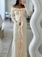 Vestido de fiesta largo color crema con volantes y hombros descubiertos, elegante, con abertura, Y7975