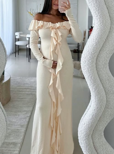 Vestido de fiesta largo color crema con volantes y hombros descubiertos, elegante, con abertura, Y7975