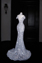 Vestido de noche de tul con lentejuelas y hombros descubiertos, con purpurina y cuentas, corte sirena, para fiesta de graduación y boda, Y8685
