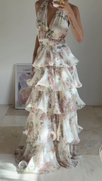 Glamorous Chiffon Print Floral A Line Backless Prom Dress V Neck Halter Layered Evening Dress Y8501