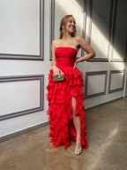 Rotes trägerloses langes Ballkleid mit Rüschen, Rotes Abendkleid Y2367