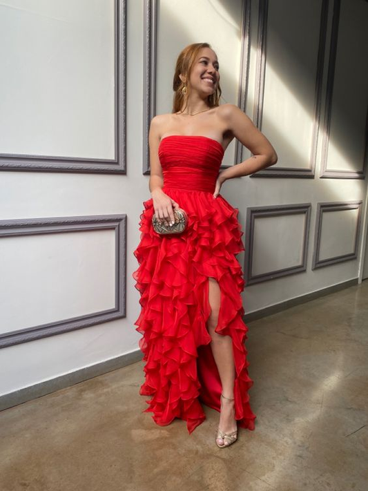 Rotes trägerloses langes Ballkleid mit Rüschen, Rotes Abendkleid Y2367