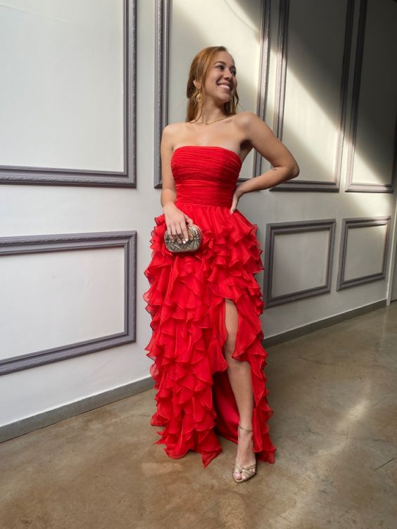 Rotes trägerloses langes Ballkleid mit Rüschen, Rotes Abendkleid Y2367