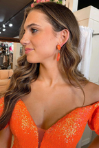 Orangefarbenes, schulterfreies, kurzes Cocktailkleid mit Puffärmeln und Pailletten. Orangefarbenes Homecoming-Kleid Y2896