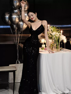 Vestido de noche negro brillante con lentejuelas, sexy, sin espalda Y1124