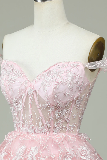 Pink Off The Shoulder Corset Homecoming Dress With Lace Y2471