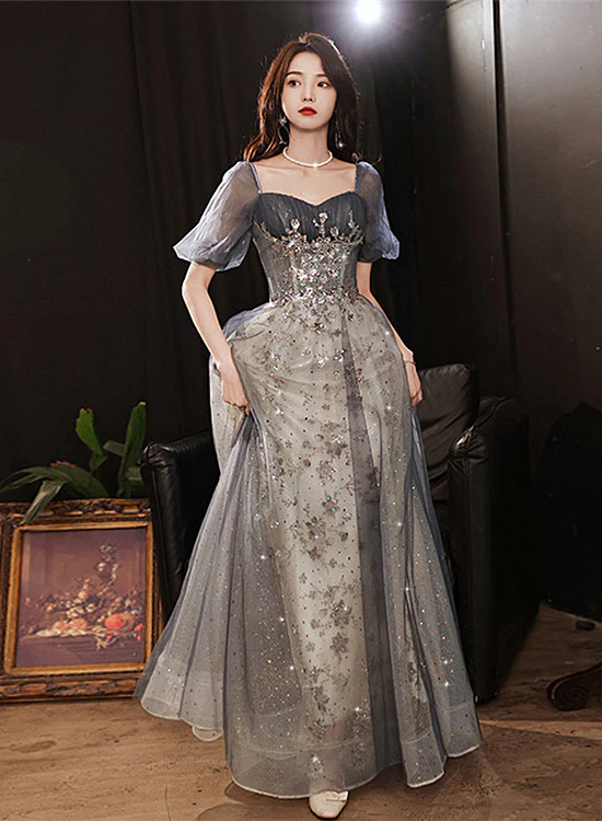 Elegante vestido de fiesta largo de tul gris con mangas cortas y corte en A, vestido de noche gris Y1507