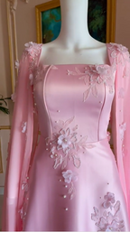 Luxuriöses langes Abendkleid aus rosa Satin in A-Linie mit hübschen Applikationen, Ballkleid Y7591