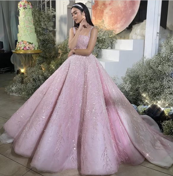 Neue Ankunft Rosa Träger Pailletten Perlen Lange Ballkleid Formale Anlass Kleider Y4918
