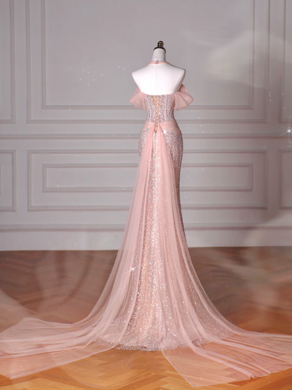 Vestido de noche largo estilo sirena con cuello halter, lentejuelas y cuentas de tul, color rosa, Y8620