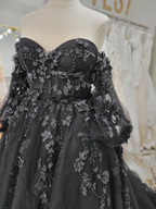 Atemberaubendes, alternatives schwarzes Kleid, schulterfreies Ballkleid, Gothic, unkonventionelles Hochzeitskleid, Y2477