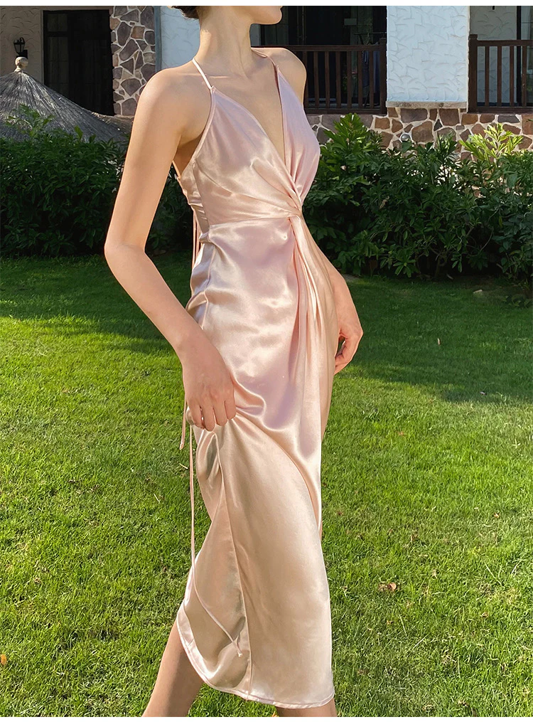 Sexy Neckholder V-Ausschnitt Partykleid Champagner Gold Abschlussball Abendkleid Y8211
