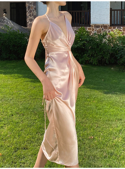 Sexy Neckholder V-Ausschnitt Partykleid Champagner Gold Abschlussball Abendkleid Y8211