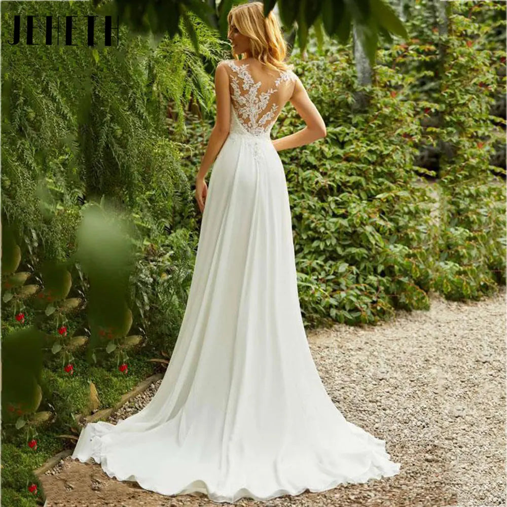 Beach Lace Chiffon Wedding Dress Charming O-Neck Appliques Bridal Gowns A-Line Backless Sleeveless Robe De Mariee 2024-payinti