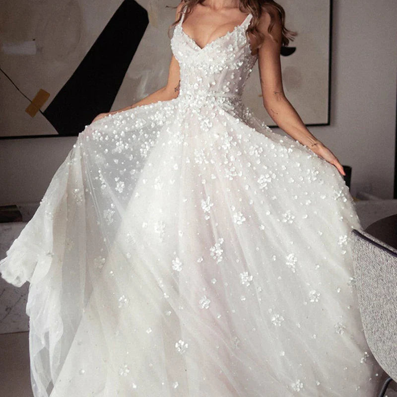 Bohemian V-Neck Wedding Dresses For Bride Spaghetti Straps A-Line Bridal Gowns Sexy Sleeveless Zipper Up Vestido De Noiva-payinti