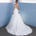 Elegant A-Line Wedding Dresses For Women Long Lace Sleeves With Appliques Bridal Gown Illusion Tulle vestidos de novia-payinti
