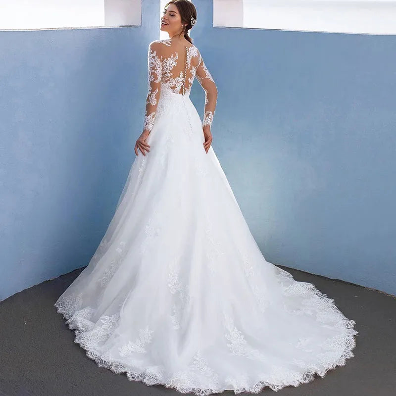 Elegant A-Line Wedding Dresses For Women Long Lace Sleeves With Appliques Bridal Gown Illusion Tulle vestidos de novia-payinti