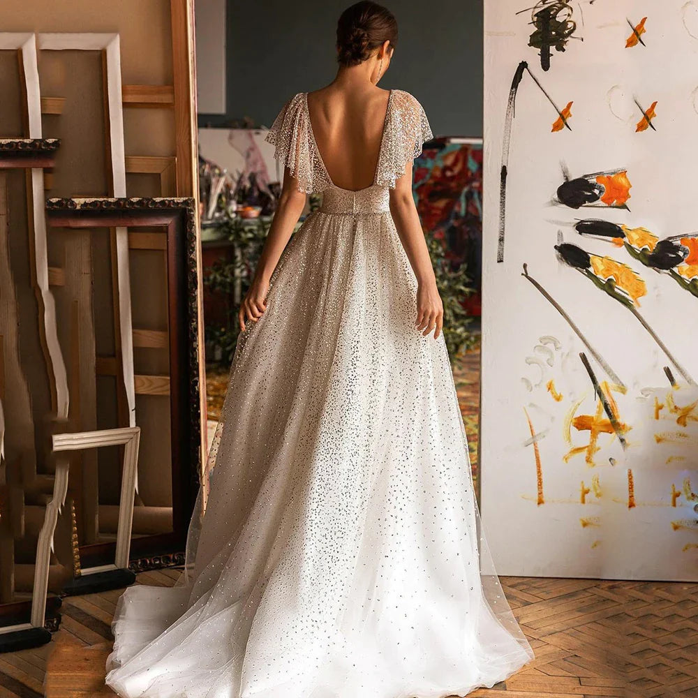 Elegant Glitter Sweetheart Wedding Dresses For Women A-Line Batwing Sleeves Bridal Gown Tulle Backless Robe De Mariée-payinti