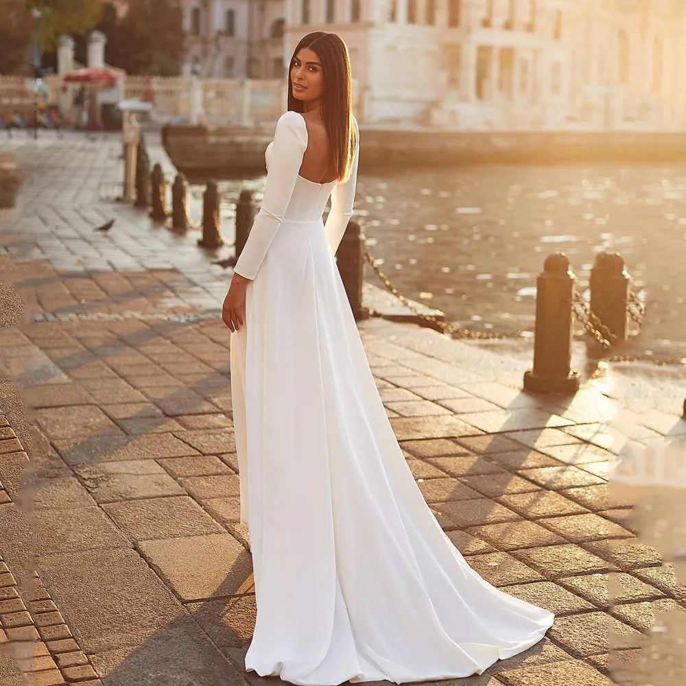 Satin Wedding Dresses For Bride With Long Sleeves Simple Sexy Bridal Gowns Sweetheart A Line Button Robe De Mariee-payinti