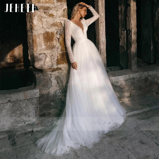Sexy Long Sleeve Wedding Dress Beach Women Illusion Back Lace Appliques V-Neck A-Line Bridal Gown Tulle Vestidos De Novia-payinti