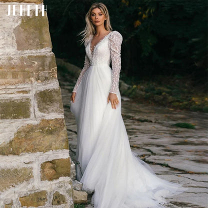 Sexy Long Sleeve Wedding Dress Beach Women Illusion Back Lace Appliques V-Neck A-Line Bridal Gown Tulle Vestidos De Novia-payinti