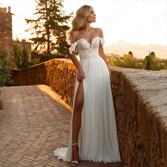 Wedding Dresses Boho Robe De Mariée Lace A Line Beach Sweetheart Off Shoulder Split Bride Gown Chiffon Backless Custom-payinti