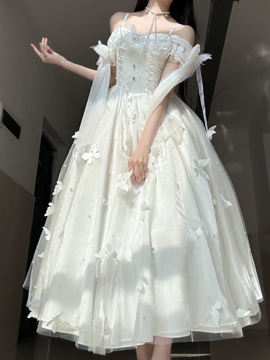 Elegante vestido de fiesta blanco con tirantes finos, tul, encaje y apliques de mariposas, vestido de noche Y8394