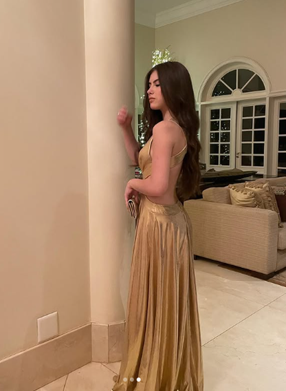 Modisches, goldenes, tiefes V-Ausschnitt-Abendkleid in langer A-Linie Y7943